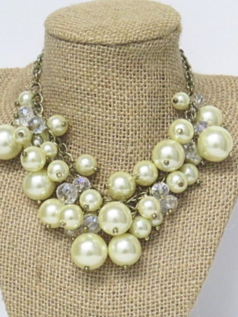 Estate Faux Pearl Cluster Statement Necklace Clear Faceted Beads Gold Tone